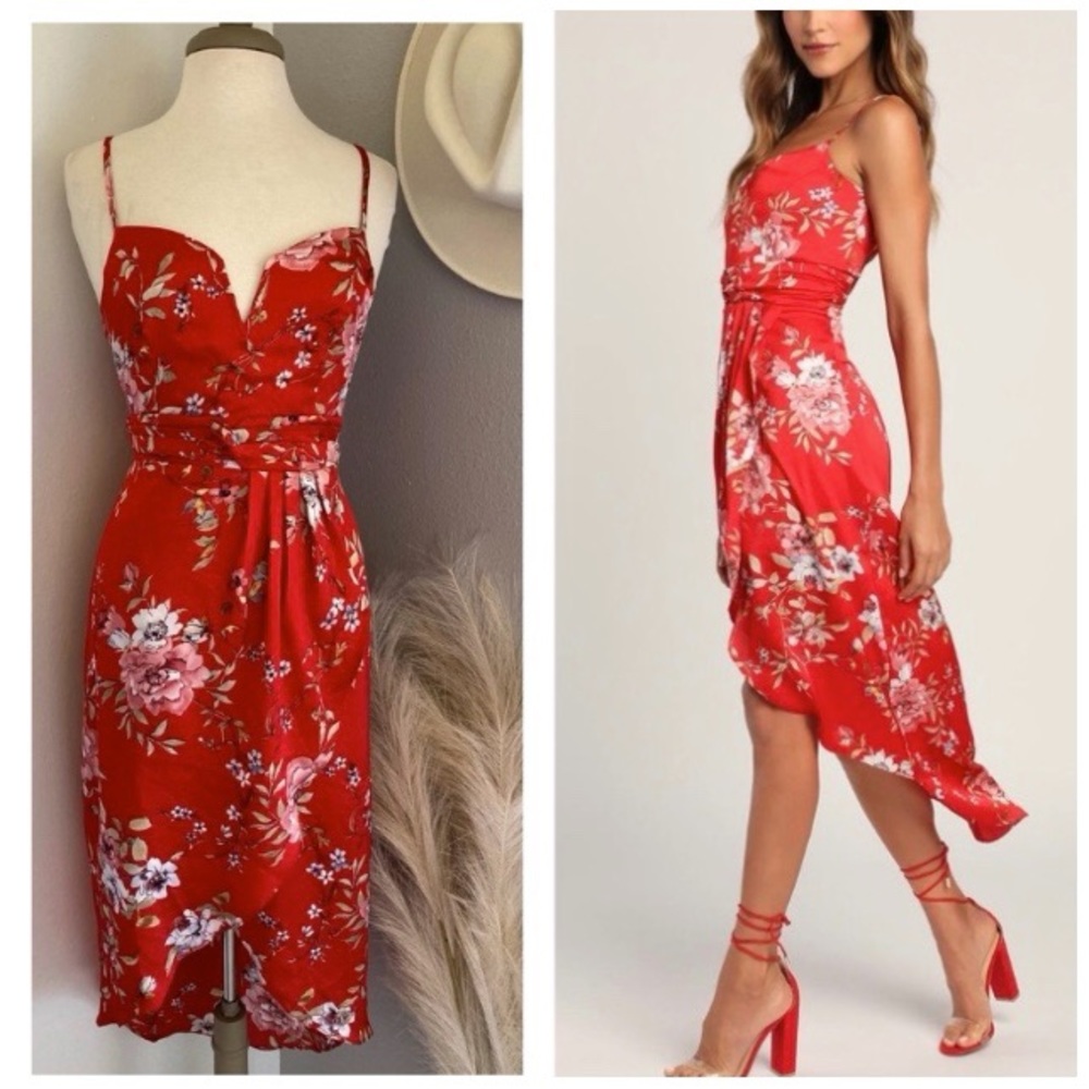 ❤️ Lulus My Favorite Day Red Floral Print Tulip Skirt Midi Dress